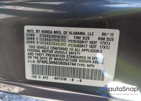 2013 Honda Odyssey Ex-L из США, поврежденный, VIN 5FNRL5H66DB004744